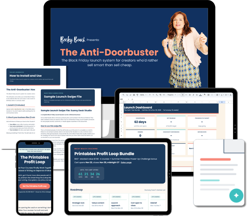 The Anti-Doorbuster course, launch planner, dashboard, swipe file, and sales-page templates shown across desktop, tablet, and phone